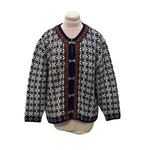 KIINA KILGREN Stockholm Navy Snowflake Knit Sweater Cardigan XLARGE Warm Cotton